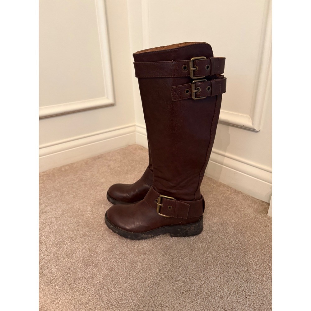 Nine West Womens Dark Brown Triple Buckle Moto Riding Boots Lug Sole size 5